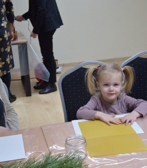 mała dziewczynka siedzi na krześle przy stole, patrzy w obiektyw