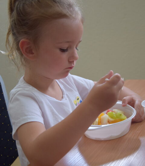 mała dziewczynka siedzi przy stole, przed nią miska z pokrojonymi owocami