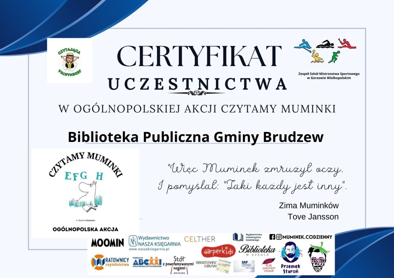 certyfikat uczestnictwa w ogólnopolskiej akcji Czytamy Muminki