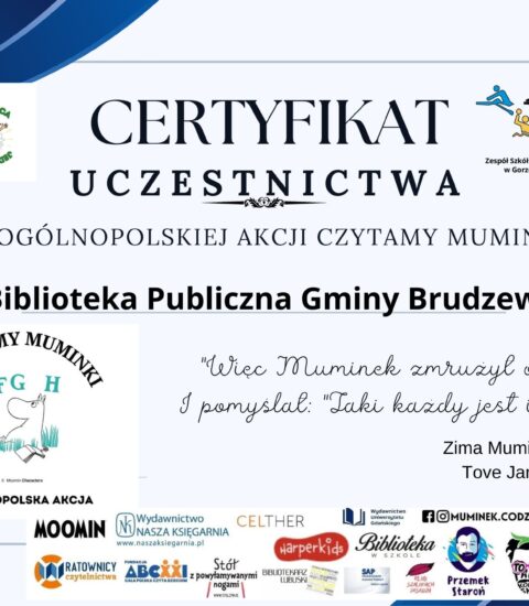 Certryfikat uczestnictwa w akcji Czytamy Muminki