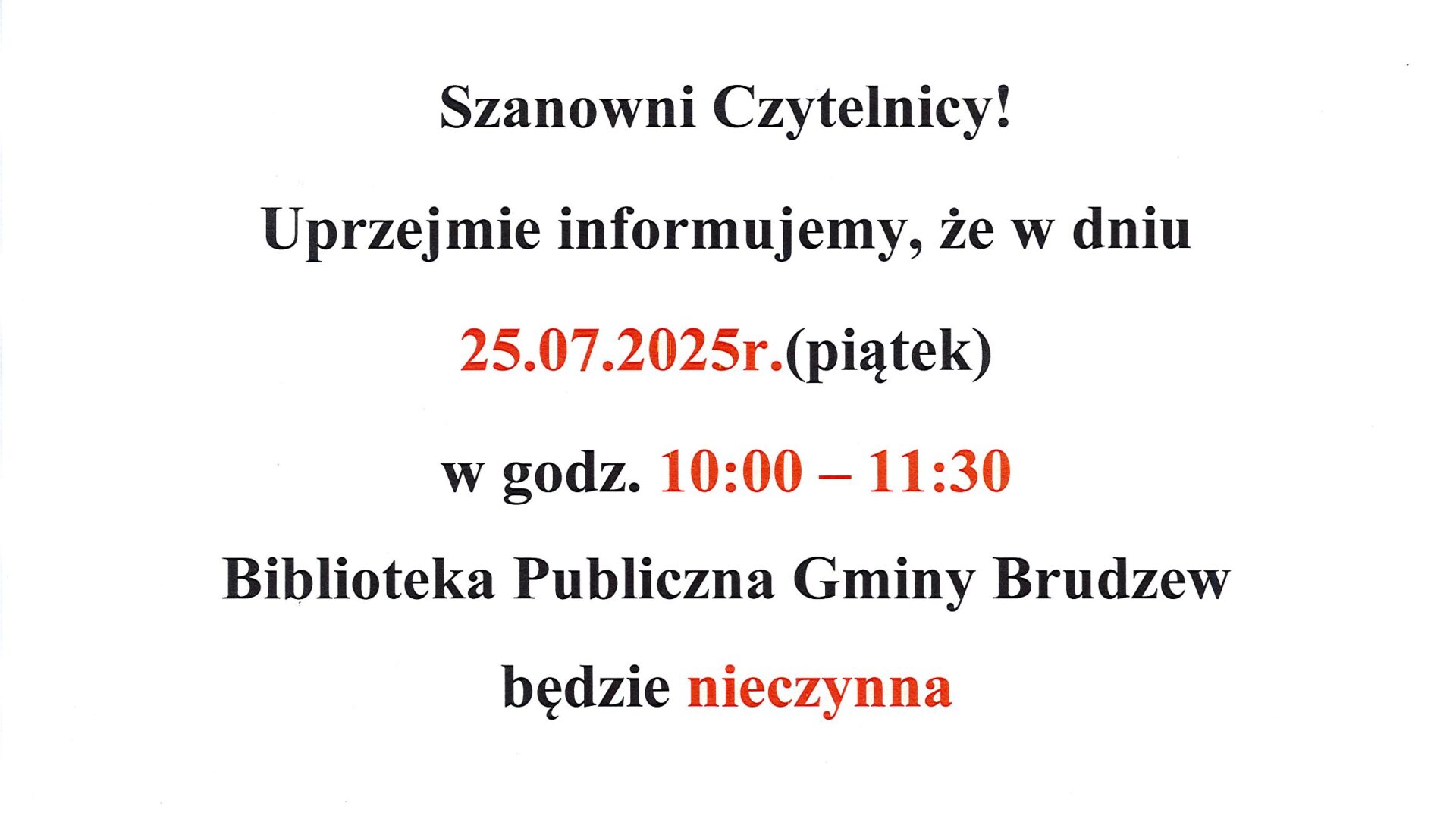 informacja o zmienie godzin otwarcia bibliotekiu