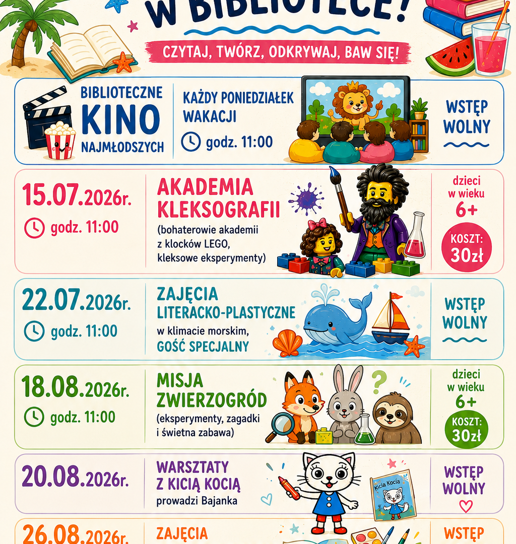 plakat infgormujący o zajęciach podczas wakacji