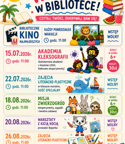 plakat infgormujący o zajęciach podczas wakacji