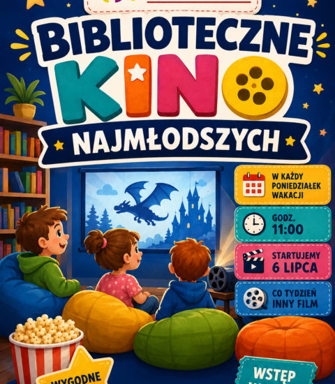 plakat informujący o kinie w bibliotece